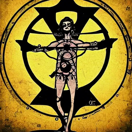 Image similar to occult vitruvian man. pop art, bioshock style, fallout style.