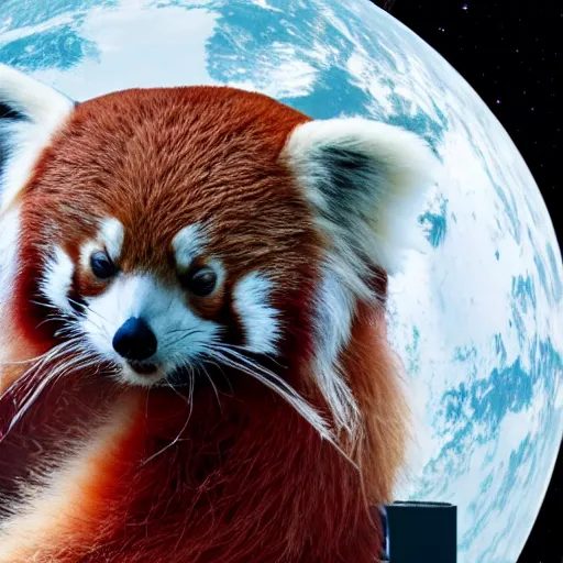 Image similar to red panda in a spacesuit in space having an epiphany