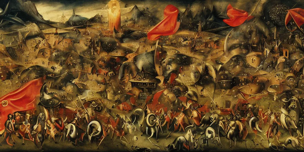 Image similar to heroes of might and magic gameplay in style of hieronymus bosch paintings, painting, gameplay, high detailed, dark fantasy, dark tones, buildings, armored units, red flags, cavalry, rpg, high detailed, contrast, octane render, mill, farm, creative