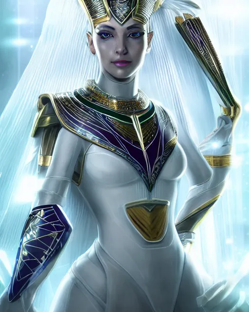 Image similar to perfect white haired attractive egyptian goddess, warframe armor, pharaoh headdress, beautiful, symmetric, dreamy, half asian, pretty face, green eyes, charlize theron, detailed, scifi platform, laboratory, experiment, 4 k, ultra realistic, epic lighting, android body, illuminated, cinematic, masterpiece, art by akihito tsukushi, voidstar