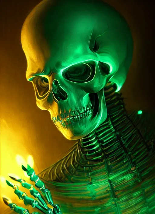 Image similar to portrait of a cyber skeleton, writing ancient evil runes with glowing green ink in a grand ancient book, intricate, elegant, glowing lights, highly detailed, digital painting, artstation, concept art, smooth, sharp focus, illustration, art by wlop, mars ravelo and greg rutkowski