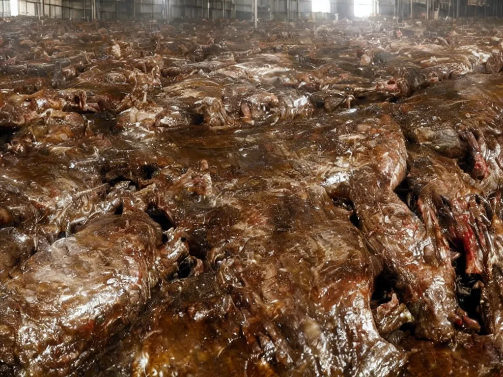 Image similar to shiny slab of beef being eaten by flies, warehouse, slaughterhouse, nightmare, horror,