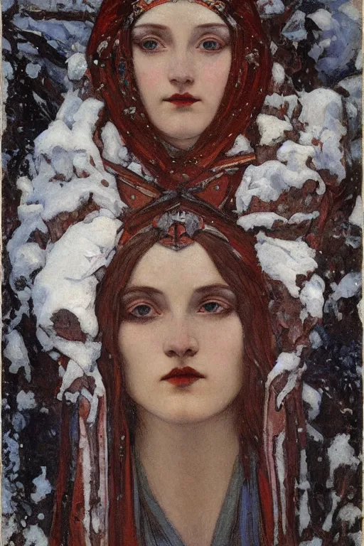 Image similar to goth queen of winter in the snow by Annie Swynnerton and Nicholas Roerich, strong dramatic cinematic lighting , ornate headdress , flowing robes, lost civilizations, smooth, sharp focus, extremely detailed