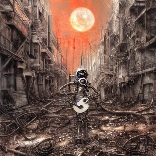 Image similar to robot with a guitar standing in ruined burning street by Yoshitaka Amano, by HR Giger, biomechanical, 4k, hyper detailed, hyperrealism, anime, a Blood Moon rising on a Broken World, deviantart, artstation