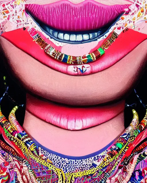 Image similar to a close up of beautiful cheerleader girl with pink lipstick wearing a multicoloured necklace surrounded by colourful intricate patterns, by caravaggio and michael whelan, intricate painting, hyper realistic, extremely detailed and beautiful aesthetic face, 8 k resolution