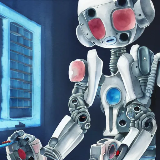 Image similar to watercolour painting of a broken robot repairing its own arm, anime, pencil lines, light watercolour, pale sky, beautiful artwork, anime screenshot, akihabara