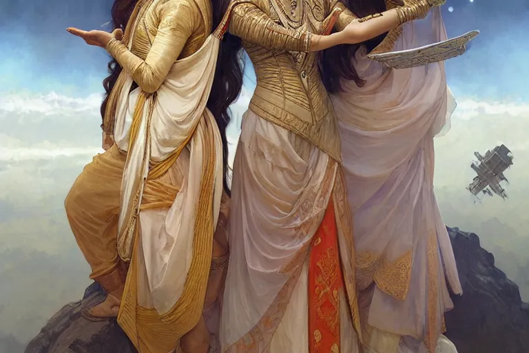 Image similar to Sensual good looking pale young Indian doctors wearing Renaissance clothing in a space station above Earth, portrait, elegant, intricate, digital painting, artstation, concept art, smooth, sharp focus, illustration, art by artgerm and greg rutkowski and alphonse mucha