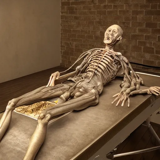 Prompt: hyperrealistic sculpture of a fossilized bronze prisoner being organ harvested on an operating table, by ron mueck and duane hanson and lee bontecou and giacometti, patina, hyperrealistic dramatic volumetric lighting octane render 8 k