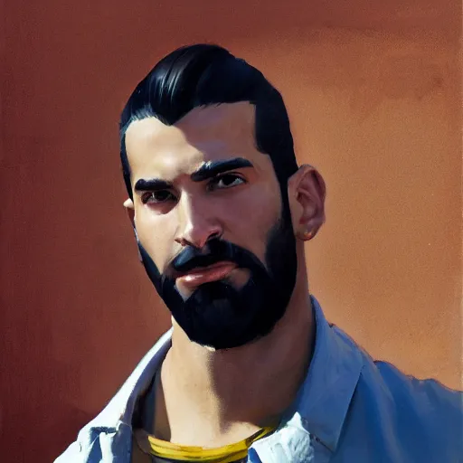 Prompt: greg manchess portrait painting of a young ducktail bearded middle eastern american male as overwatch character, medium shot, asymmetrical, profile picture, organic painting, sunny day, matte painting, bold shapes, hard edges, street art, trending on artstation, by huang guangjian and gil elvgren and sachin teng