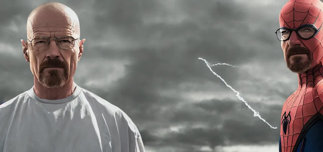 Image similar to Walter White as Spider-Man, film still, wide-shot, full shot, cinematic lens, heroic portrait