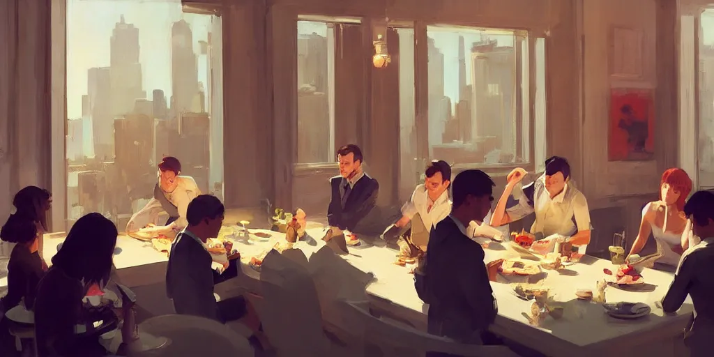 Image similar to one group of people are eating fancy looking at another group of people fighting by Craig Mullins, ilya kuvshinov, krenz cushart, artgerm trending on artstation by Edward Hopper and Dan Mumford and WLOP and Rutkovsky, Unreal Engine 5, Lumen, Nanite