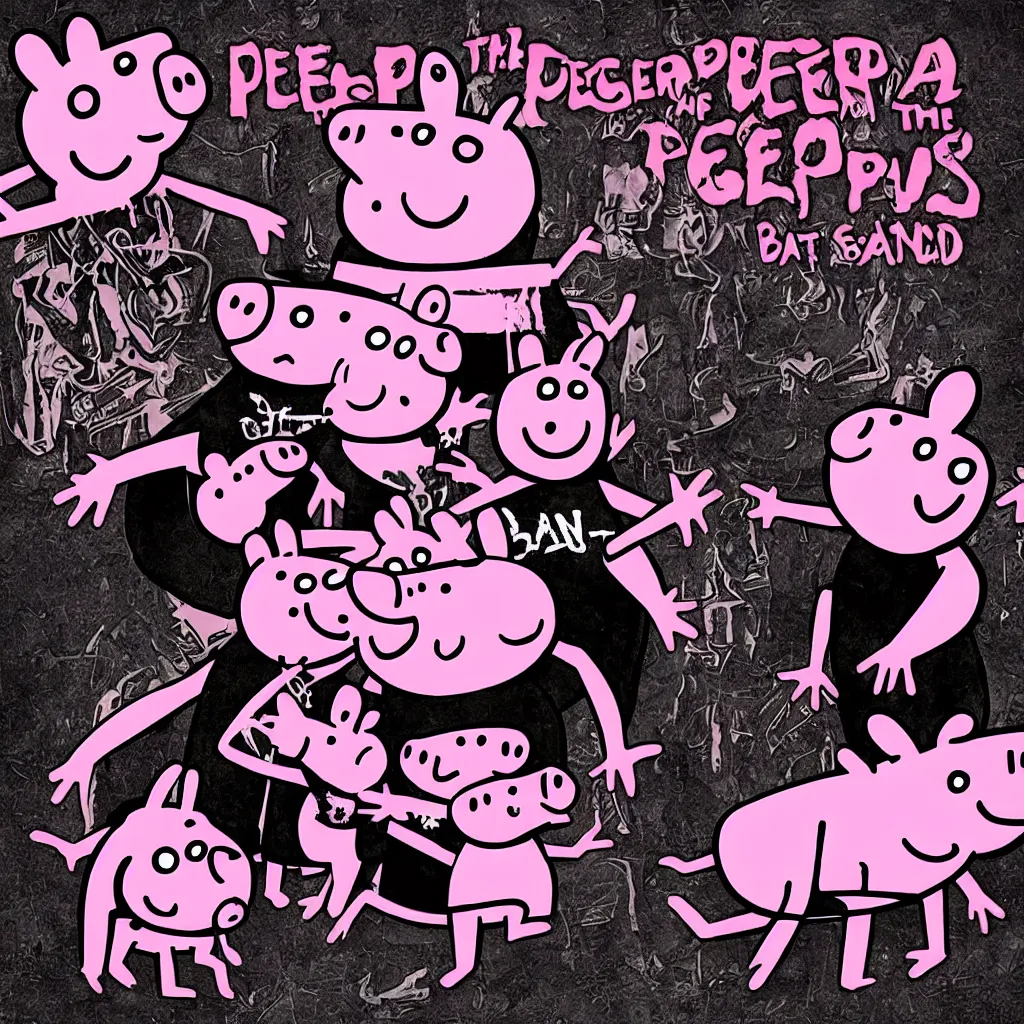 Image similar to Peppa the pig in a black metal band