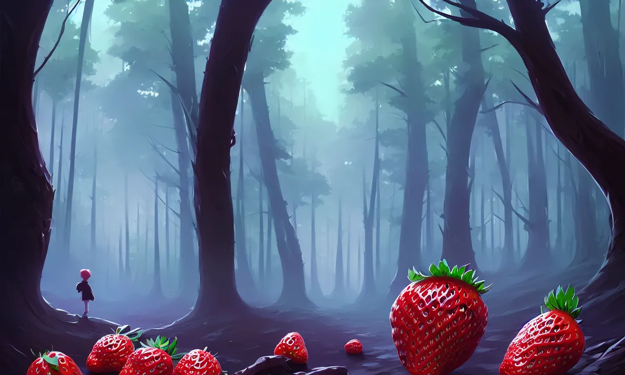 Image similar to Dark forest a large strawberry in the foreground, behance hd by Jesper Ejsing, by RHADS, Makoto Shinkai and Lois van baarle, ilya kuvshinov, rossdraws global illumination