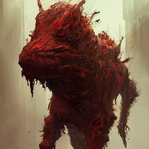 Image similar to concept art by greg rutkowski, dog - shaped monster made of twisted flesh and reddish ooze, roaming the colony, looking rabid, in a claustrophobic, futuristic and brutalist environment, frightening and creepy atmosphere, scifi, highly detailed portrait, digital painting, artstation, concept art, smooth, sharp foccus ilustration, artstation hq