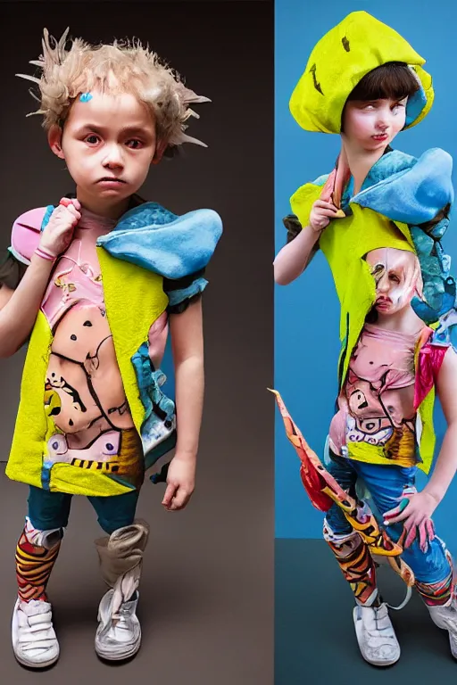 Prompt: a child character wearing a diy! costume, with fluo colored details, muted colors, vivienne westwood, nausicaa, hyper real painting