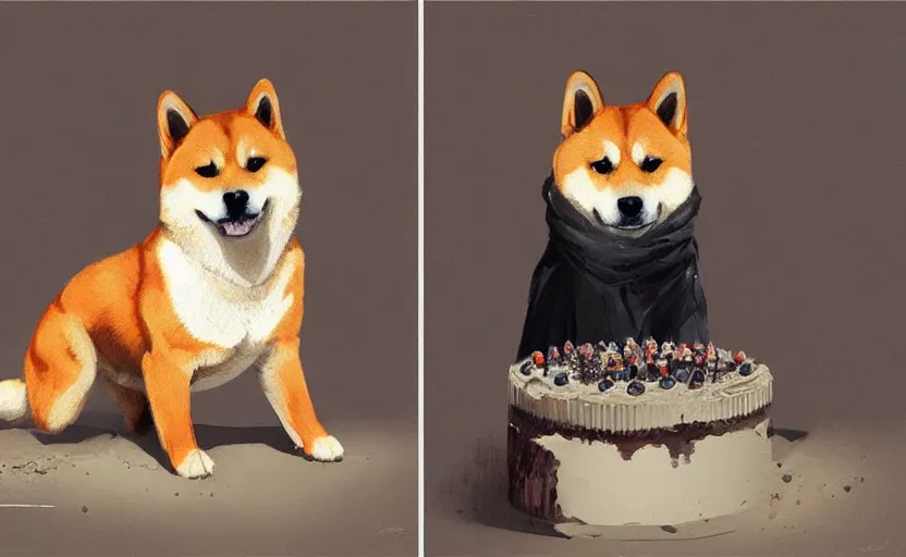 Image similar to a painting of a shiba and a birthday cake trending on artstation in the style of greg rutkowski