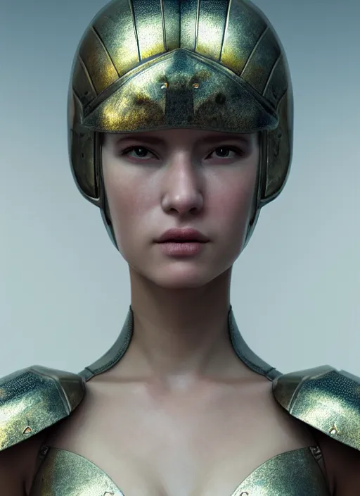 Image similar to hyperrealistic mixed media portrait of a beautiful armored warrior woman, stunning 3d render inspired art by Michael Parkes + perfect facial symmetry + dim volumetric lighting, 8k octane beautifully detailed render, post-processing, extremely hyperdetailed, intricate, epic composition, grim yet sparkling atmosphere, cinematic lighting + masterpiece, trending on artstation