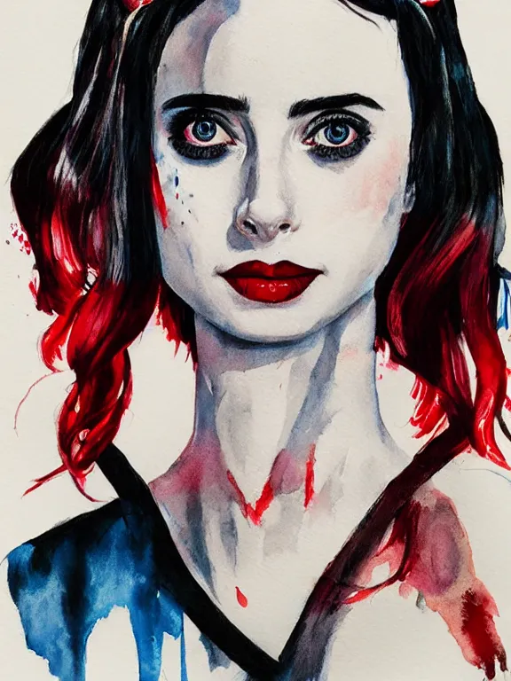 Prompt: portrait of a young krysten ritter as harley quinn, closing her eyes, aquarelle, realistic painting, freckles, 1 / 4 headshot