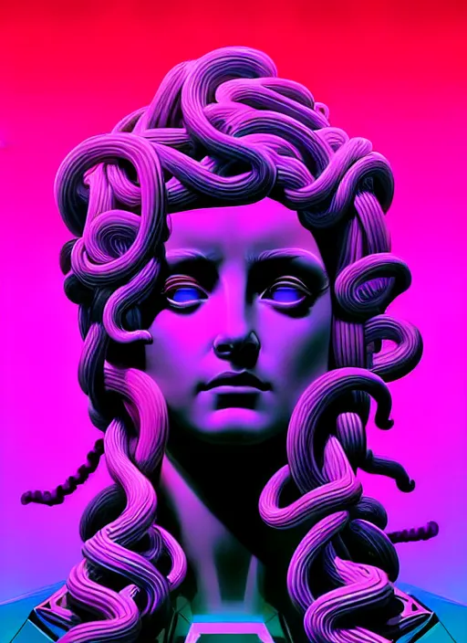 Image similar to statue of medusa, beeple, android jones, liam wong, ( ( ( ( ( dan mumford ) ) ) ) ), vaporwave, retrowave, black background, neon wiring, black, glitch, strong contrast, cuts, pinterest, trending on artstation