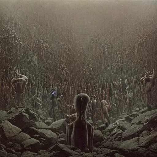 Prompt: death grips playing a concert in a desolate brutalist wasteland designed by zdzislaw beksinski