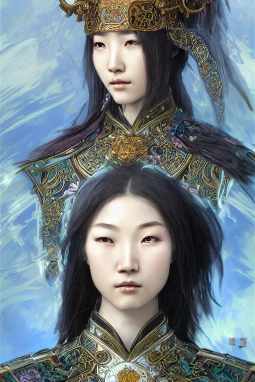 Prompt: beautiful and luxury and holy and elite and colorlpunk young three kingdom chinese female armor knight portrait +shinnyy eyes+front face with light flowing hair, ultradetail face, art and illustration by tian zi and craig mullins and WLOP and alphonse mucha, fantasy, intricate complexity, human structure, human anatomy, fantasy character concept, watermark, blurry, hyperrealism 8k