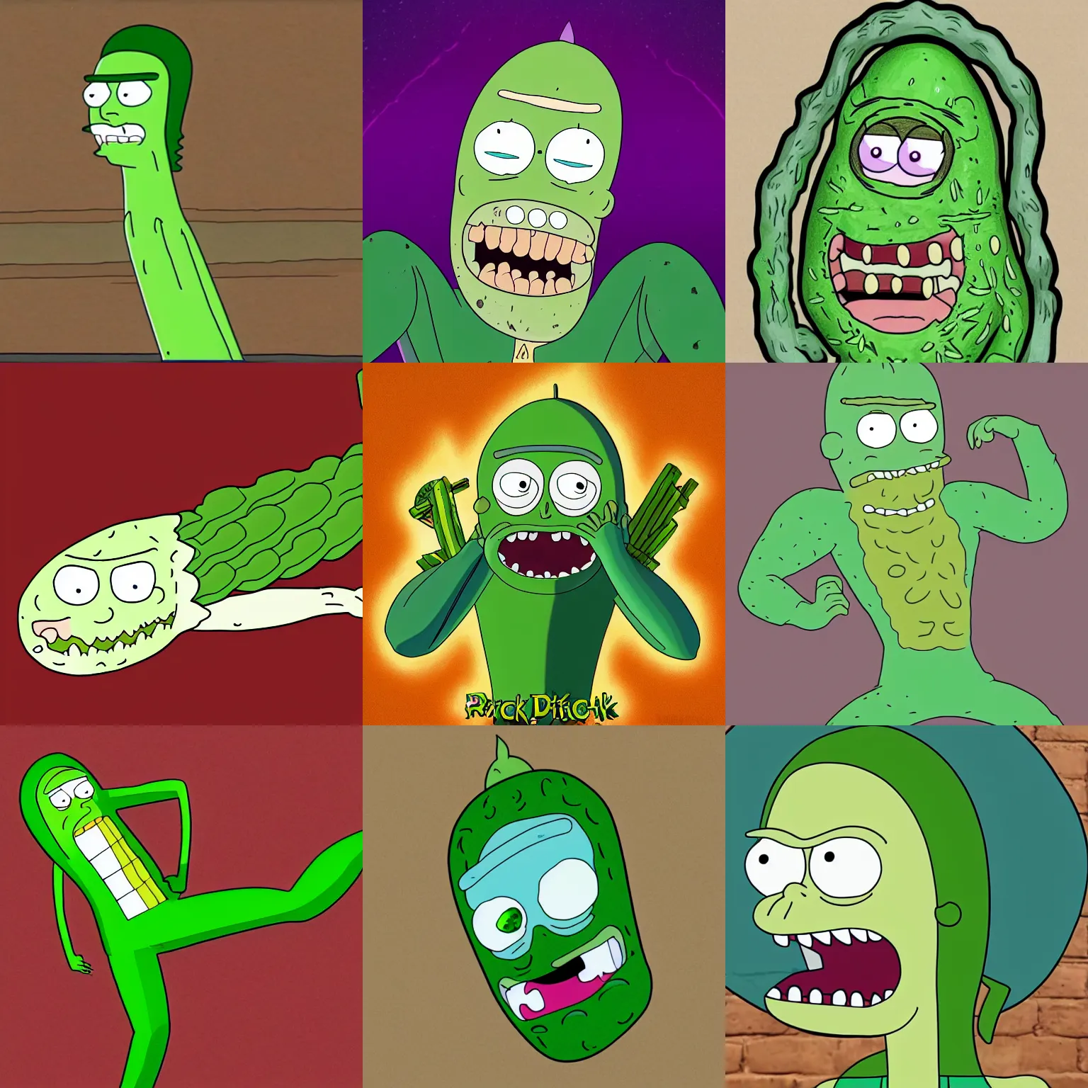 Prompt: pickle rick from rick and morty, cartoon, adult swim, i turned myself into a pickle