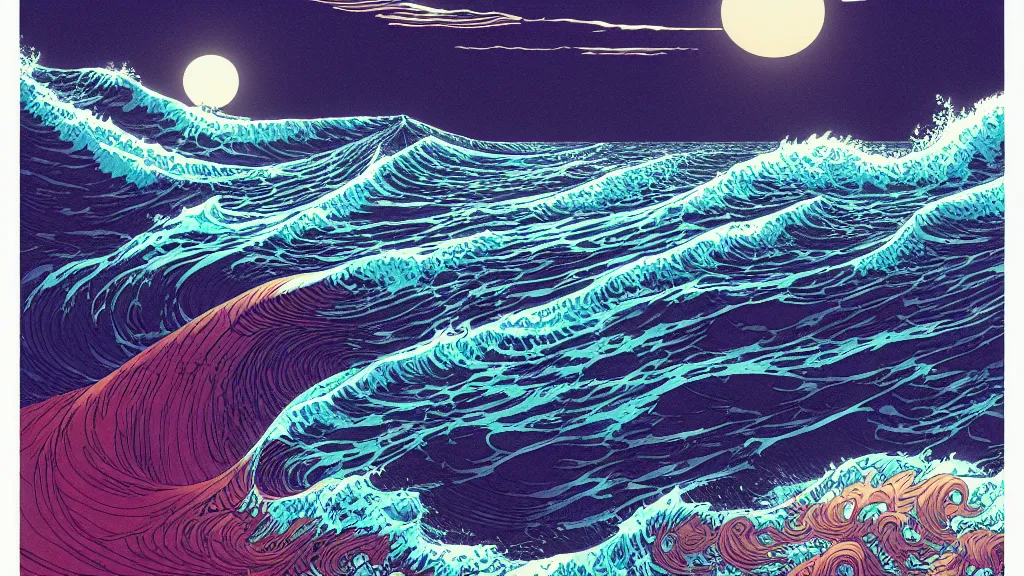 Image similar to highly detailed and colorful illustration of high exposure ocean waves at night by makoto shinkai, by moebius, by aaron horkey, by nico delort, by dan mumford, by otomo, kodachrome, 4 k resolution