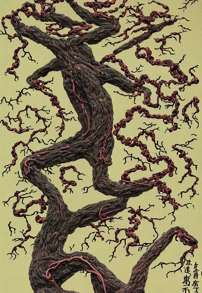 Image similar to prompt: anatomy dissection drawing veins and organs tree character drawn by Takato Yamamoto, bonsai anatomy atlas, veins and organs attached to tree roots, alchemical objects inspired by 1980's sci-ci, old experimentation cabinet, intricate oil painting detail, manga 1980