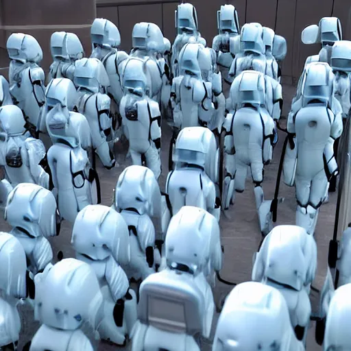 Image similar to troop of grannies with white bob hairdos, tight light blue neopren battle suits, futuristic cloning facility, sci - fi, highly detailed, cinematic