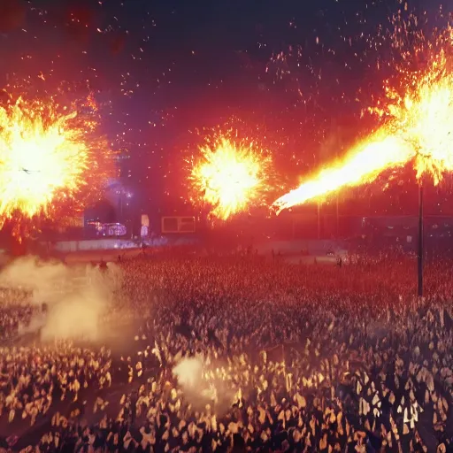 Image similar to the biggest mosh pit in the world, punks throwing Molotovs in the air, fighting, flame and fire, glowing upside cross, cinematic, epic, volumetric, godrays, dynamic lighting, dust flying up into the air, people shooting into the air with guns, octane render, photorealistic, unreal engine, artstation, artstation trending, artstation hq, artstation hd, Pinterest, 8k, ultra detailed, ultra realistic,