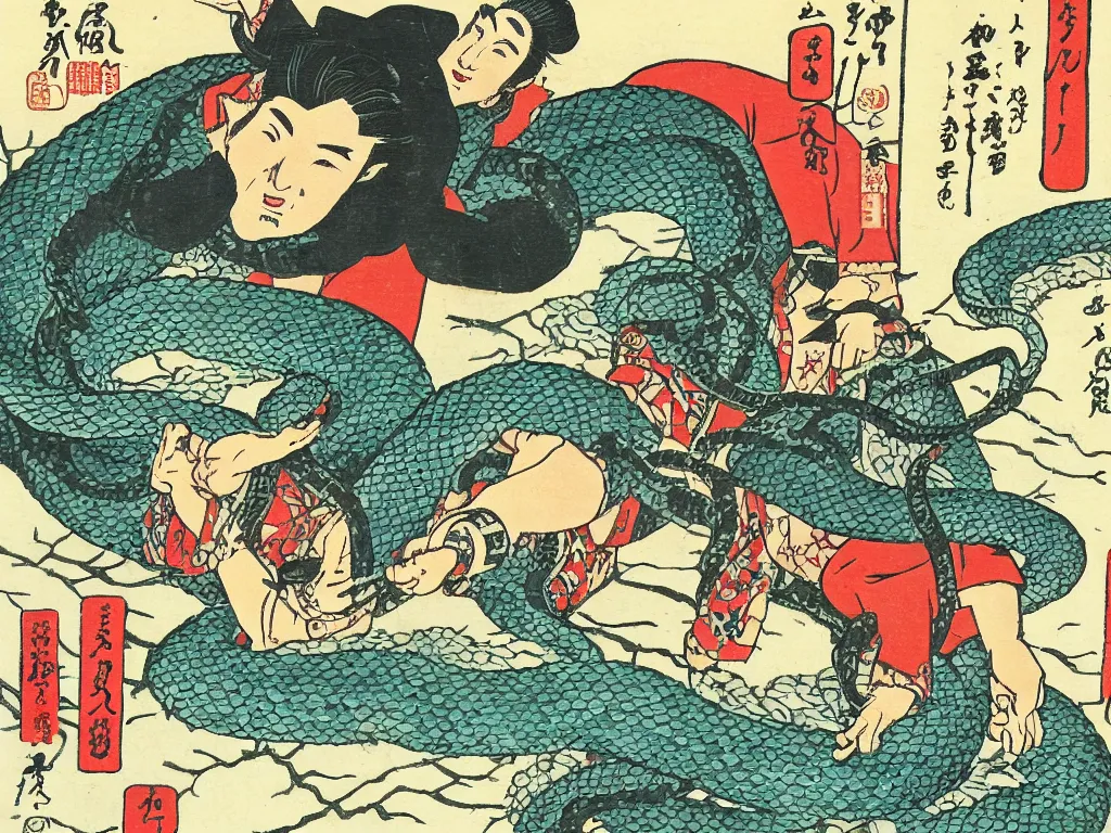 Image similar to Ukiyoe of a snake oil salesman riding a bull through a snowy forest in wild west formosa