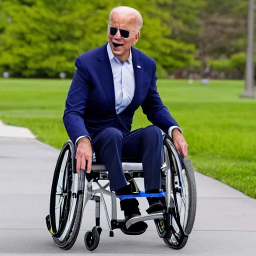 Image similar to joe biden falling down a wheelchair, detailed, 8 k, detailed face, photorealistic, sharp focus