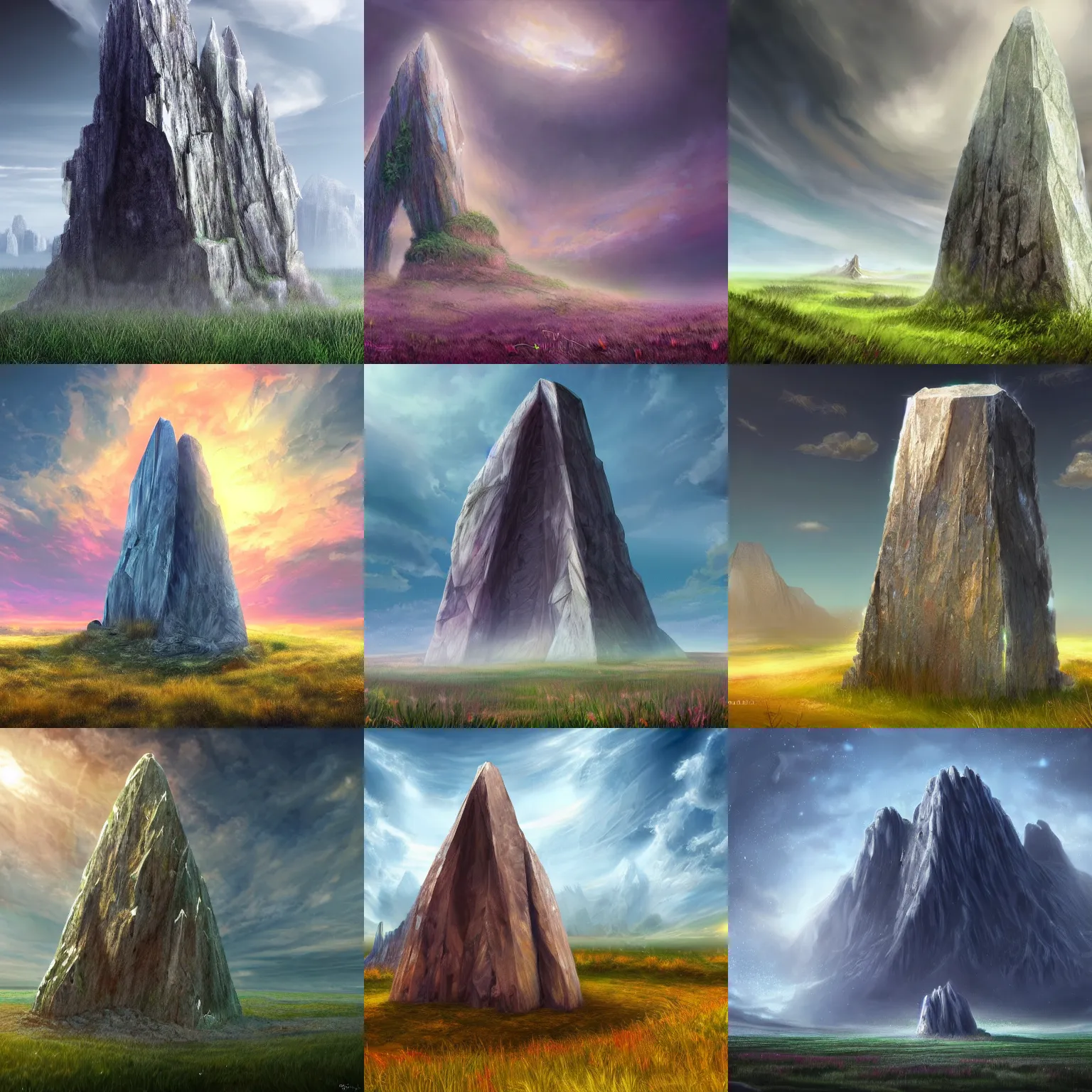 Prompt: Giant crystal monolith in the middle of a prairie, fantasy, digital art, HD, 4k, detailed.