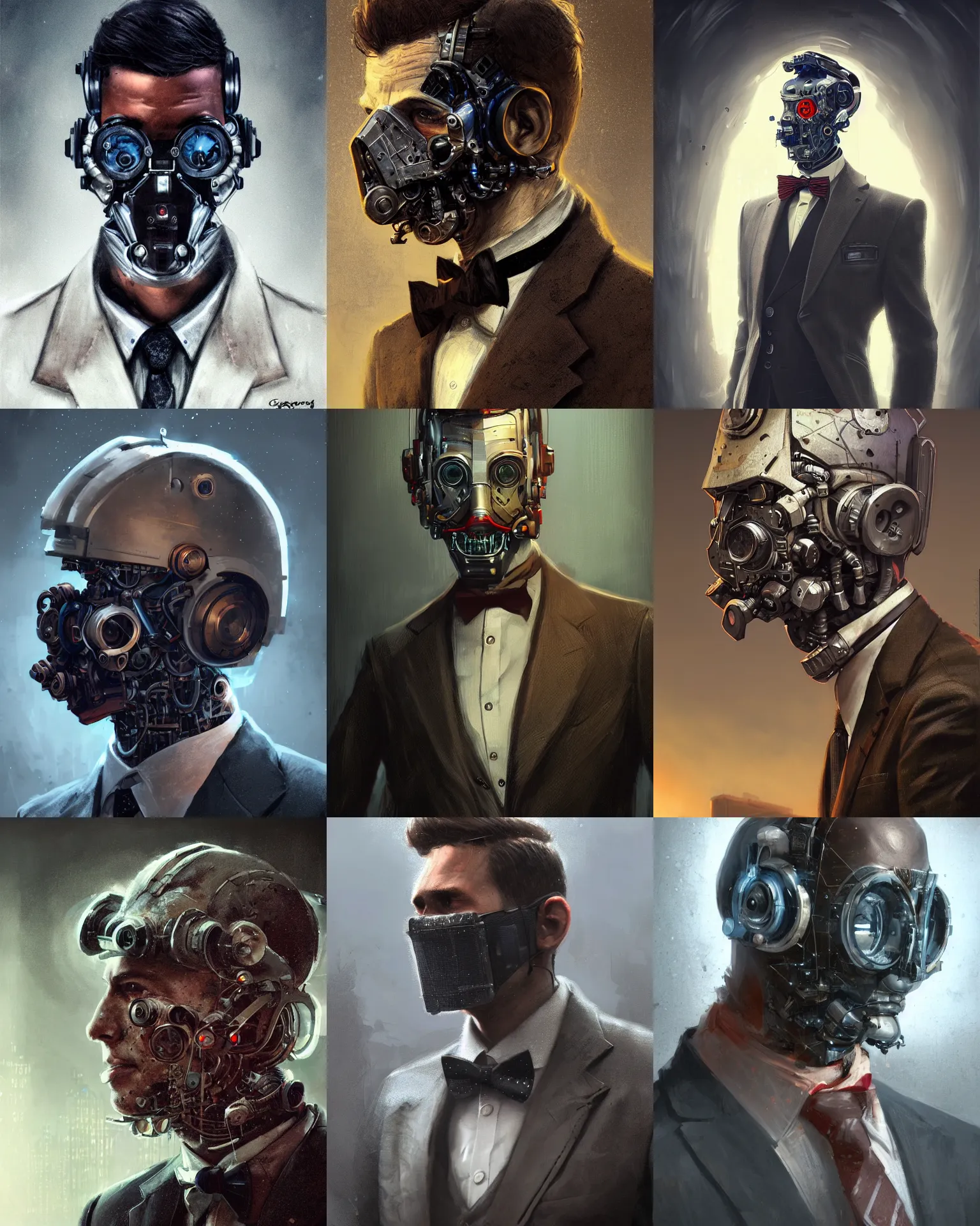 Image similar to a rugged young engineer man with cybernetic enhancements wearing a suit and bowtie, detailed mask, scifi character portrait by greg rutkowski, esuthio, craig mullins, 1 / 4 headshot, cinematic lighting, dystopian scifi gear, gloomy, profile picture, mechanical, half robot, implants, steampunk