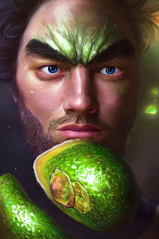 Image similar to avocadoman is a superhero, artgem, digital painting, color painting, hyperrealistic, concept art, oil painting, masterpiece, concept art, trending on deviantart, realistic and detailed face, highly detailed, high quality, 8 k, soft lighting, fancy colors, fantasy, cinematic, high coherence