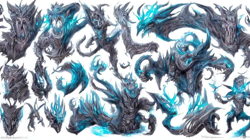 Image similar to a fantasy white and pale blue draconian demon with bright eyes character design sheet, trending on artstation