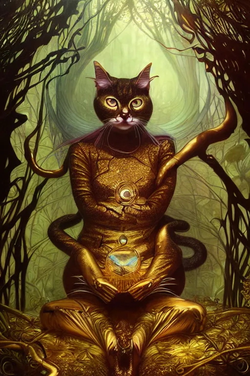 Prompt: metallic gold cat doing magic in the gnarly forest by Android Jones, tom bagshaw, mucha, karl kopinski