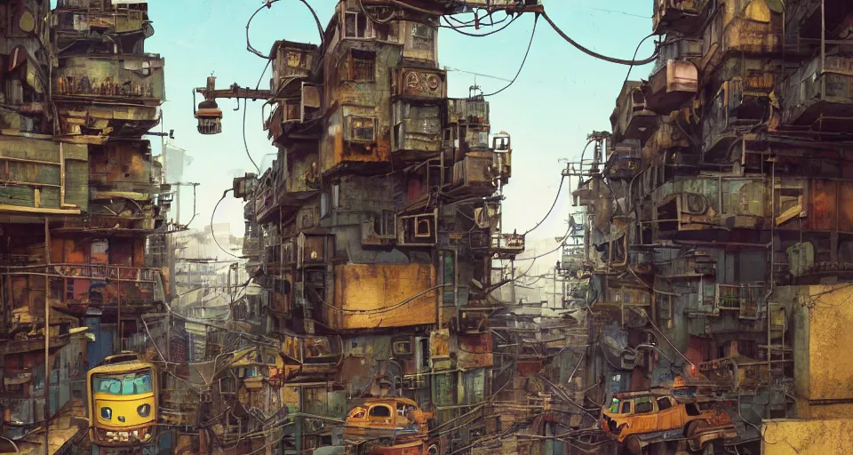 Image similar to a industrial STEAMPUNK CITY Street scenery in the FAVELAS, signs, billboards and cable Connecting MULTI LVL BUILDINGS, rendered by simon stålenhag, rendered by Beeple, Makoto Shinkai, syd meade, environment concept, digital art, starwars, Gundam Style, unreal engine, 3 point perspective, WLOP, trending on artstation, low level, 4K UHD image, octane render,