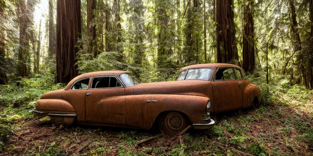 Prompt: Photograph of an abandoned rusty 1950's Buick in an old redwood forest, massive trees, overgrown with vegetation, sun shining through the trees, backlit, crepuscular rays, muted colors, 8k, DoF