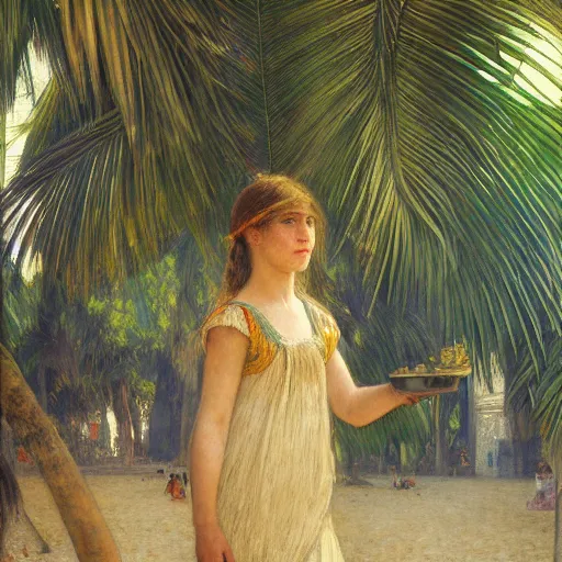 Image similar to a ultradetailed beautiful painting of a girl in the amazonas palace designed by jules bastien - lepage, hans belmer, frank weston and gustave baumann, beach, trending on artstation, mediterranean, palm trees, refracted color sparkles, sharp focus, soft light, 8 k 4 k