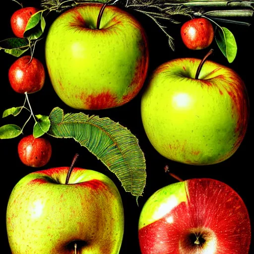 Prompt: giuseppe arcimboldo, steve jobs, red apples, green apples, yellow apples, leaves, branches, detailed photograph, intricate portrait design