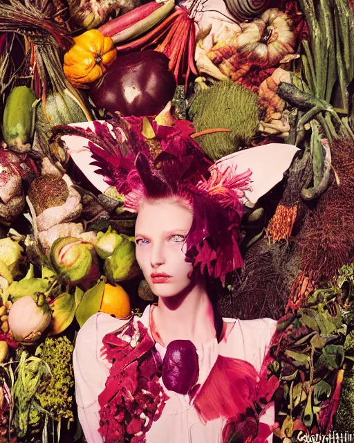 Image similar to a bountiful springtime harvest, a conceptual surrealist punk hairstyle for girls, by steven meisel, sigma 35mm f/8