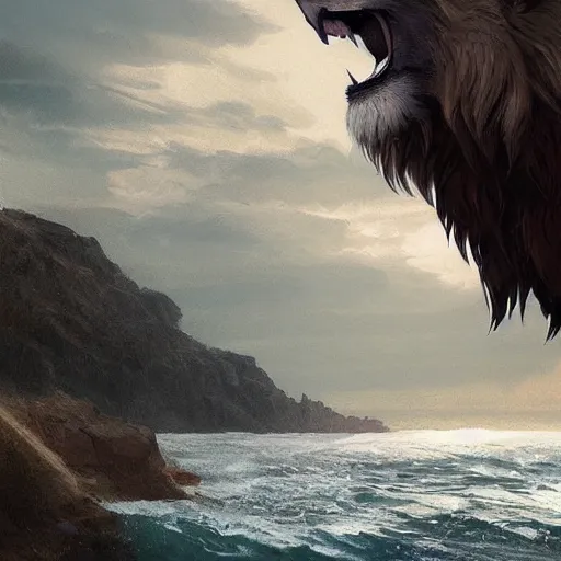 Image similar to A lion with eagle wings emerging from the sea , digital Art, Greg rutkowski, Trending artstation, cinematographic, hyperrealistic