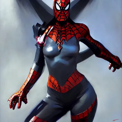 Image similar to greg manchess portrait painting of an armored dark female iron spiderman as overwatch character, medium shot, asymmetrical, profile picture, organic painting, sunny day, matte painting, bold shapes, hard edges, street art, trending on artstation, by huang guangjian, gil elvgren, ruan jia, greg rutkowski, gaston bussiere