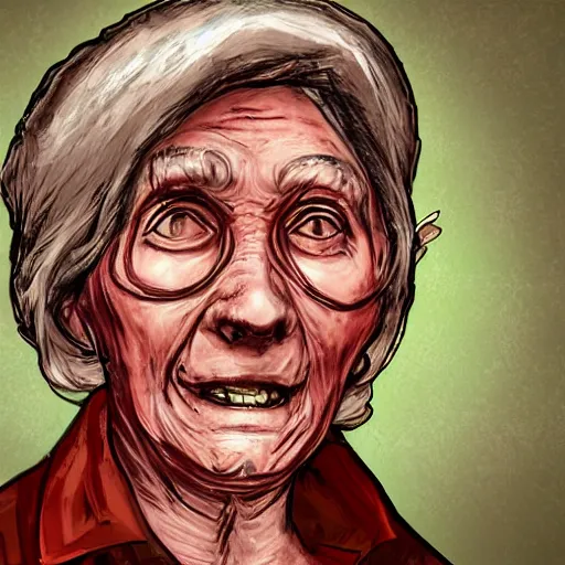 Prompt: An old lady with red skin, red skin, red skinned, in the style of Disco Elysium, Disco Elysium, Disco Elysium artwork