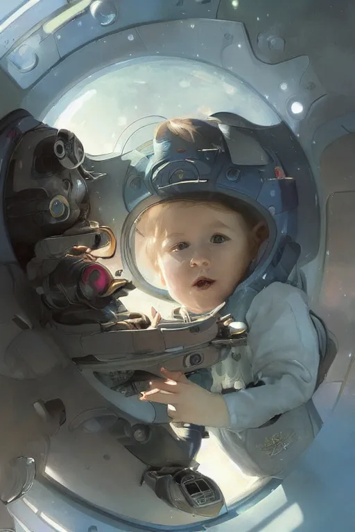 Image similar to A baby in a spaceship highly detailed, digital painting, artstation, the space background,concept art, sharp focus, illustration, art by Krenz Cushart and Artem Demura and alphonse mucha