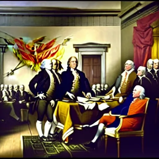 Image similar to film still of Danny Devito interrupting the signing of the declaration of independence and everyone is upset