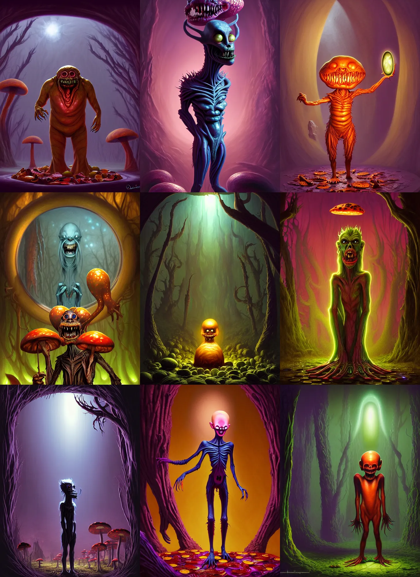 Prompt: beautiful digital fantasy illustration of a creepymania creature standing in front of a mirror, concept art by Alex Horley-Orlandelli, scary, dark, fantasy, renderman render, 3D, photorealistic, concept art, complementary color, alien pizza in the style of Moebius, vibrancy color, giant pizza forest, mushrooms olives spinach onions, bioluminescent, midnight, volumetric lighting, fairycore, pizza cosmos, pizza universe, high detail texture, unreal engine, 8k, samurai pizza cats, vivid, intense, Photographic quality, ultra hyper realistic quality, 8k definiton, hyper-realistic, cinematic, cinematic lighting