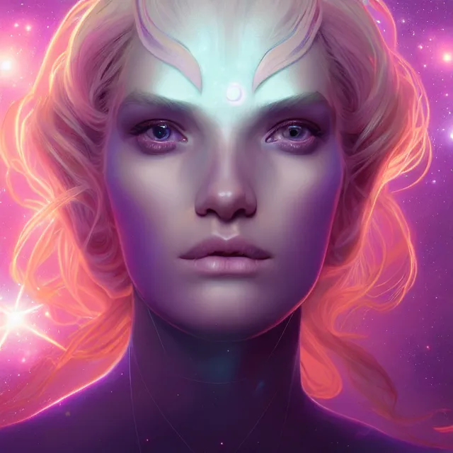 Prompt: close up portrait of beautiful blonde space princess, symmetry! astral nebula, glowing hair, subsurface scattering, artistic, art by artgerm, greg rutkowski and alphonse mucha, artstation, octane render,