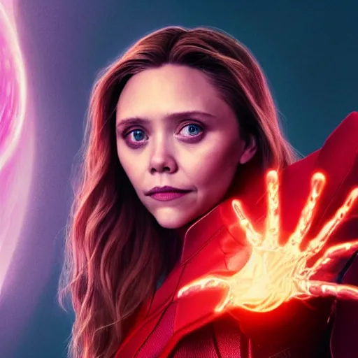 Prompt: Elisabeth Olsen as Scarlet Witch with a glowing aura around her, head and shoulders portrait, extremely detailed masterpiece, one single continues line.